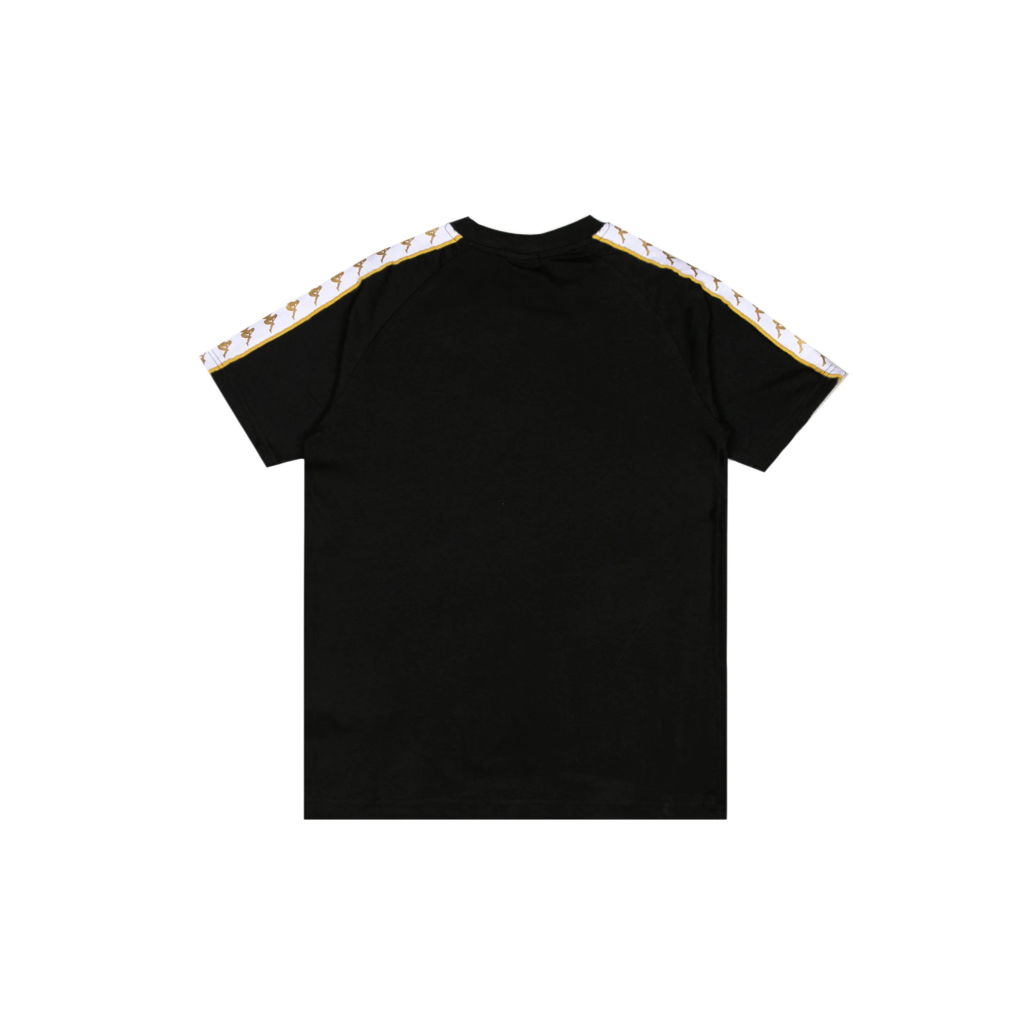 Back of black T-Shirt with White Banda down the tops of each sleeve.