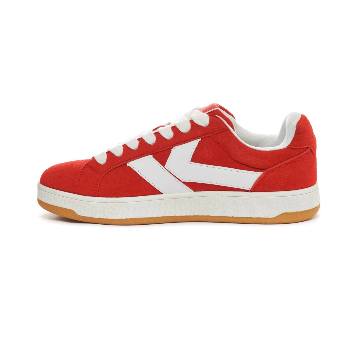 Red Kappa Sneakers. Side view with toe facing to the left. White K logo on side.