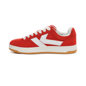 Red Kappa Sneakers. Side view with toe facing to the left. White K logo on side.