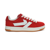 Red Kappa Sneakers. Side view with toe facing to the right. White K logo on side.