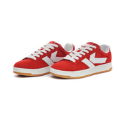 Red Kappa Sneakers. Both shoes viewed from the front and side. Features white K logo on sides and white laces.