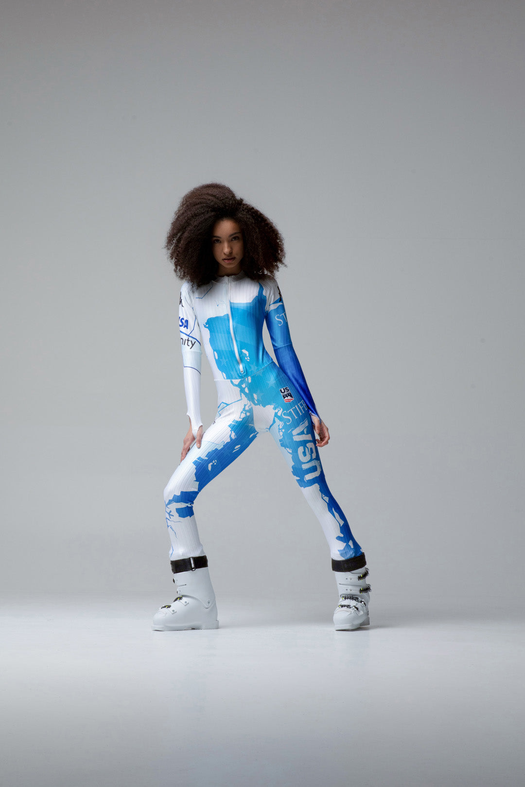 Female model wearing Kappa Protect Our Winter Collaboration Ski suit.