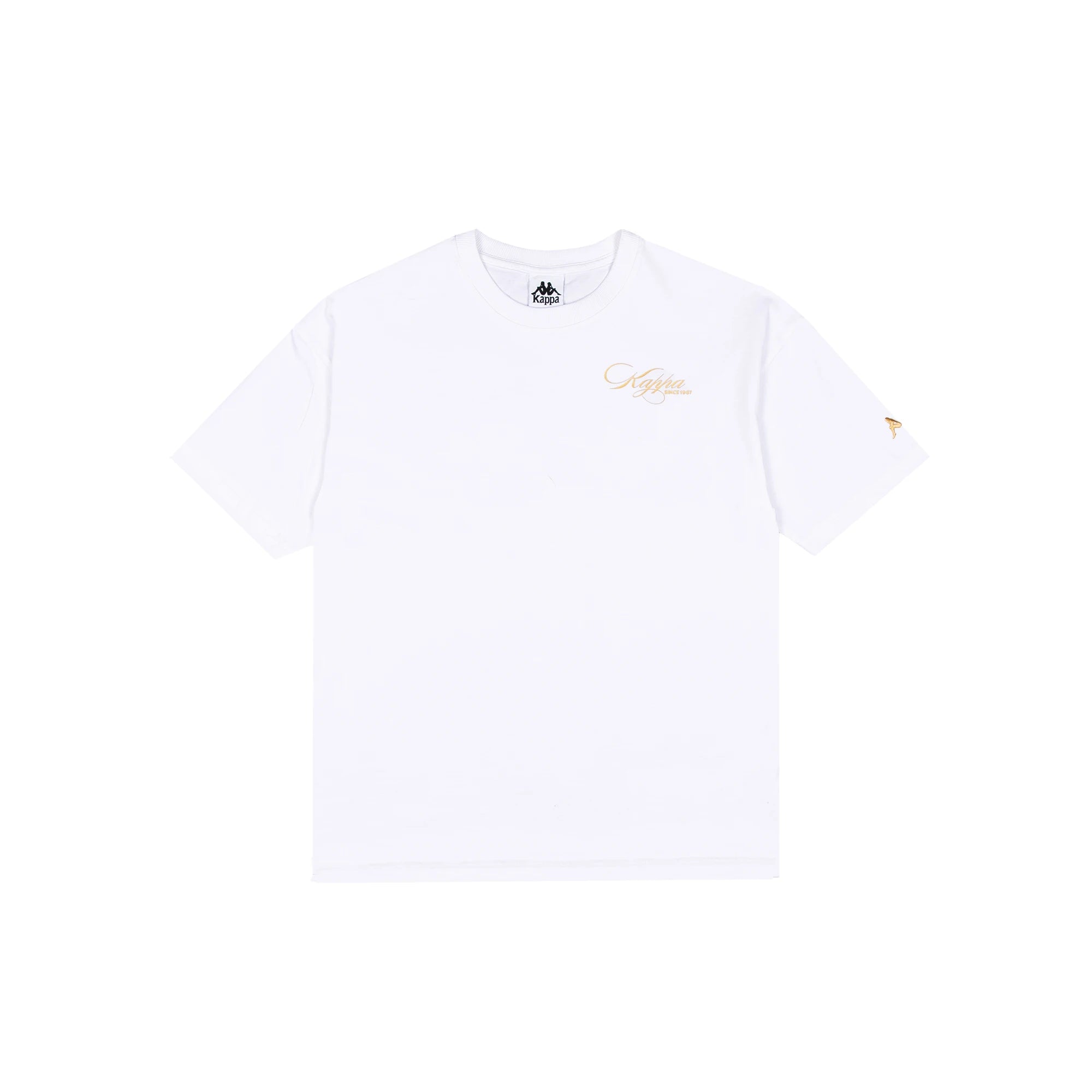White t-shirt with Kappa lettering in rich gold yellow. Front view.