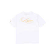 White t-shirt with Kappa lettering in rich gold yellow. Back view.