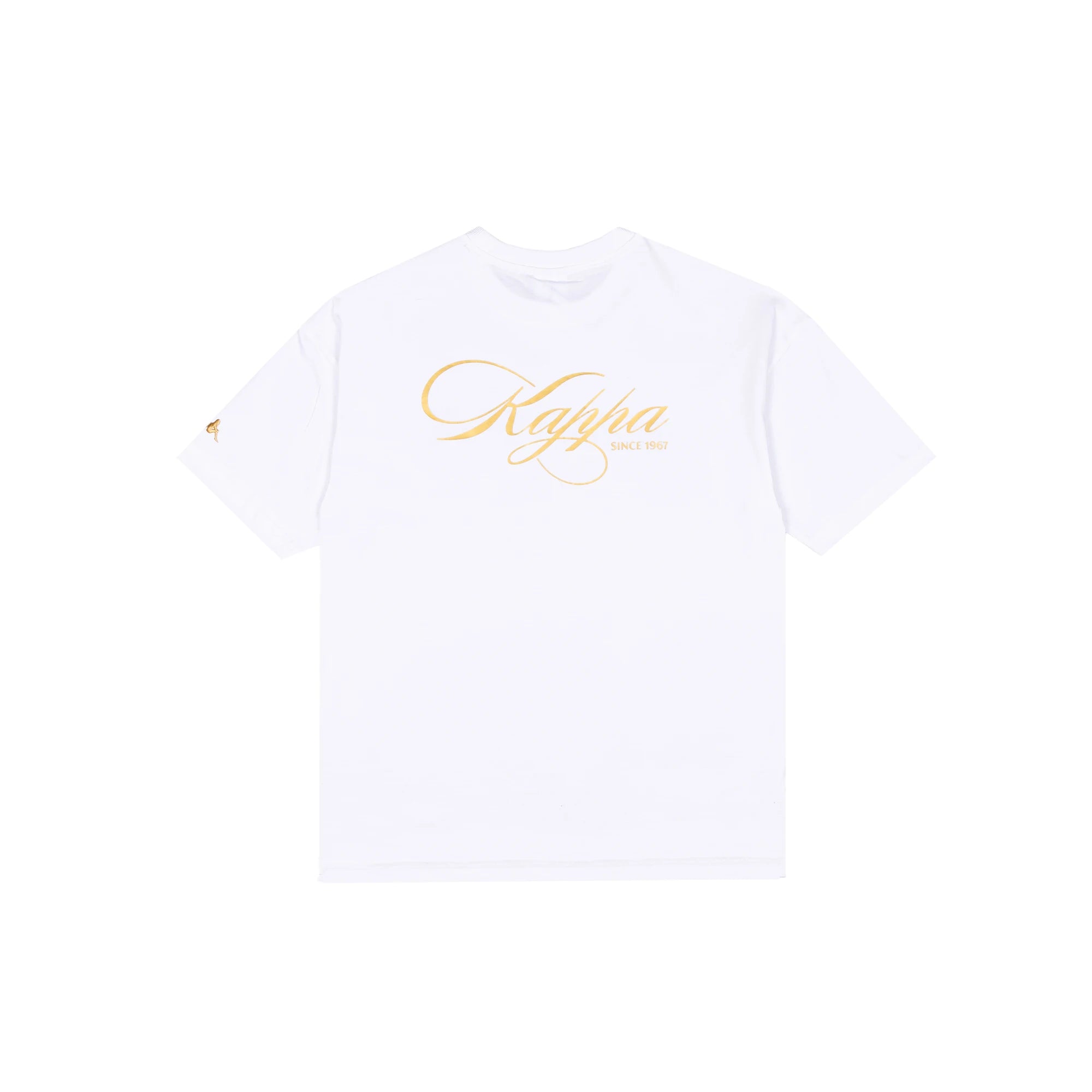 White t-shirt with Kappa lettering in rich gold yellow. Back view.