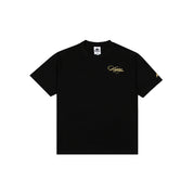 Black t-shirt with Kappa lettering in rich gold yellow. Front view.