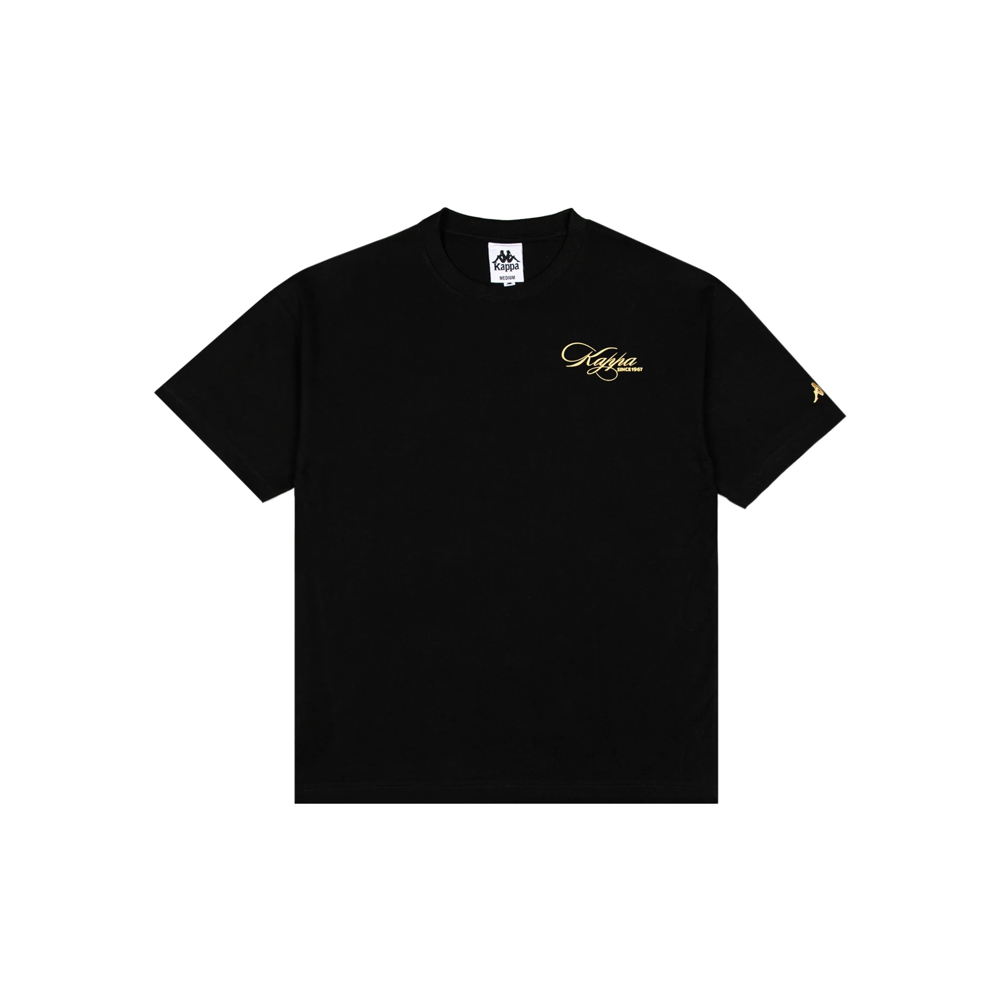 Black t-shirt with Kappa lettering in rich gold yellow. Front view.