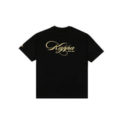 Black t-shirt with Kappa lettering in rich gold yellow. Back view.