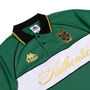 Green Polo with black, white, and gold detailing. Front reads Authentic with Kappa logos.