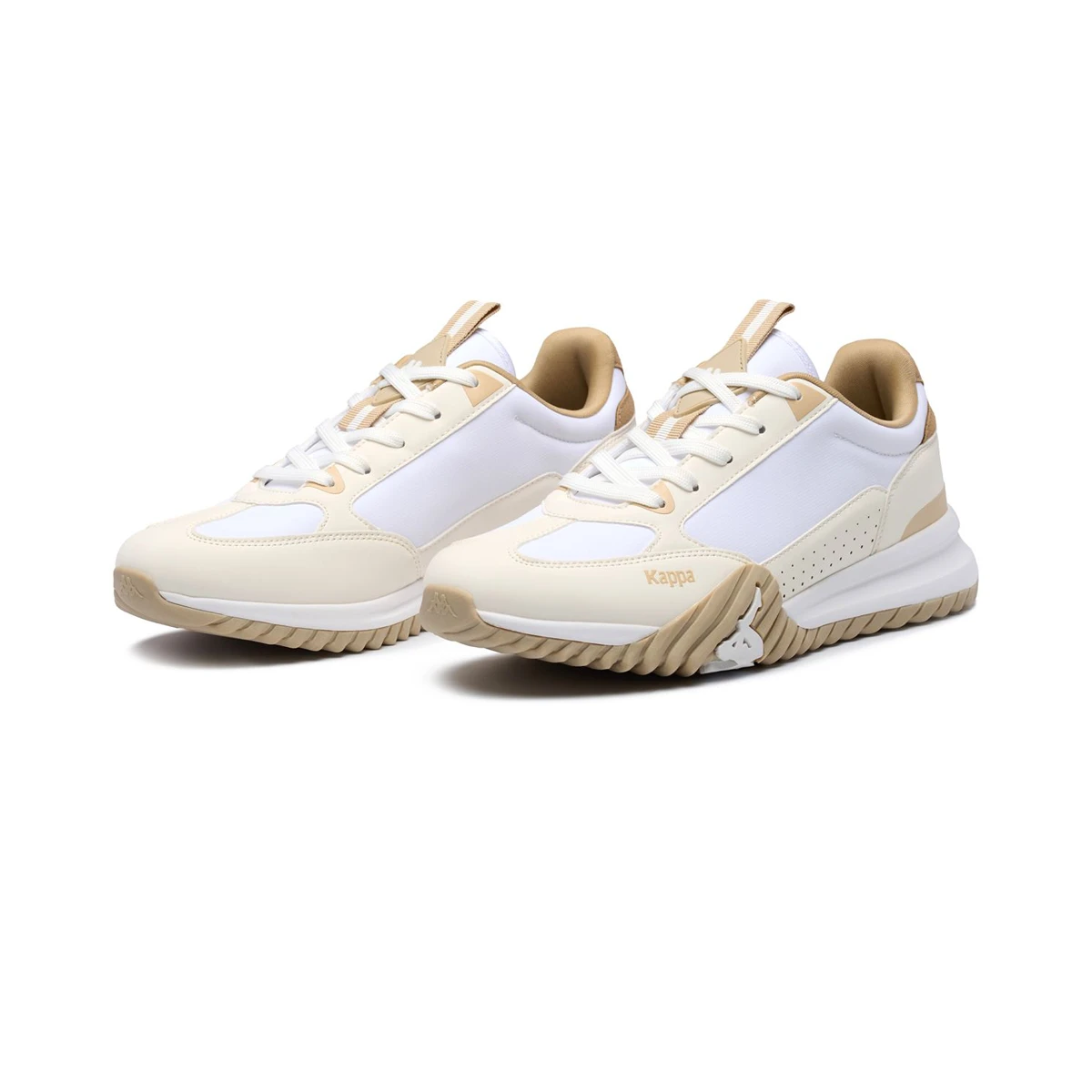 Pair of beige and white sneakers on a white background