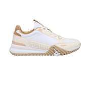 Beige and white sneaker with Kappa branding on a white background