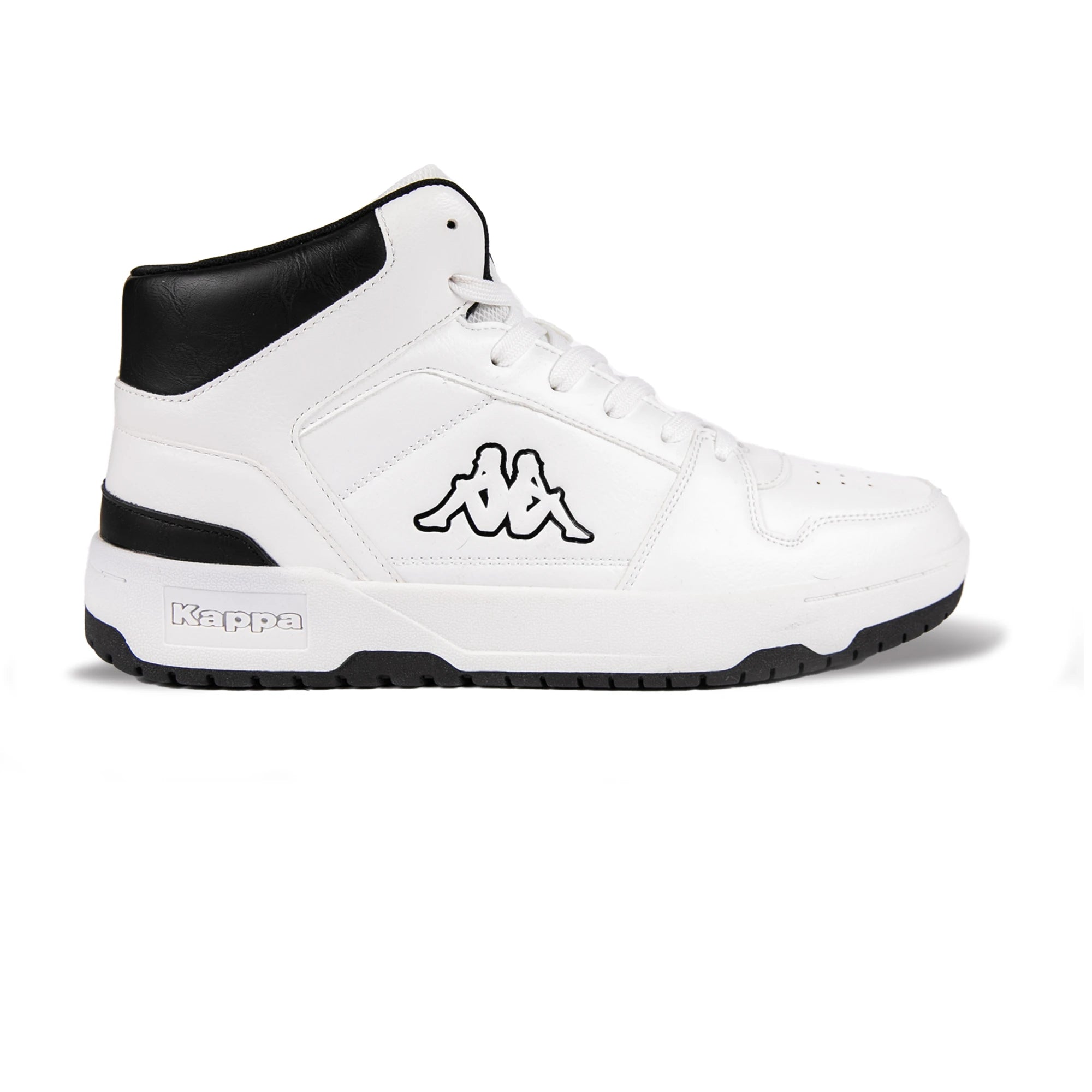 White high-top sneaker with black accents on a white background