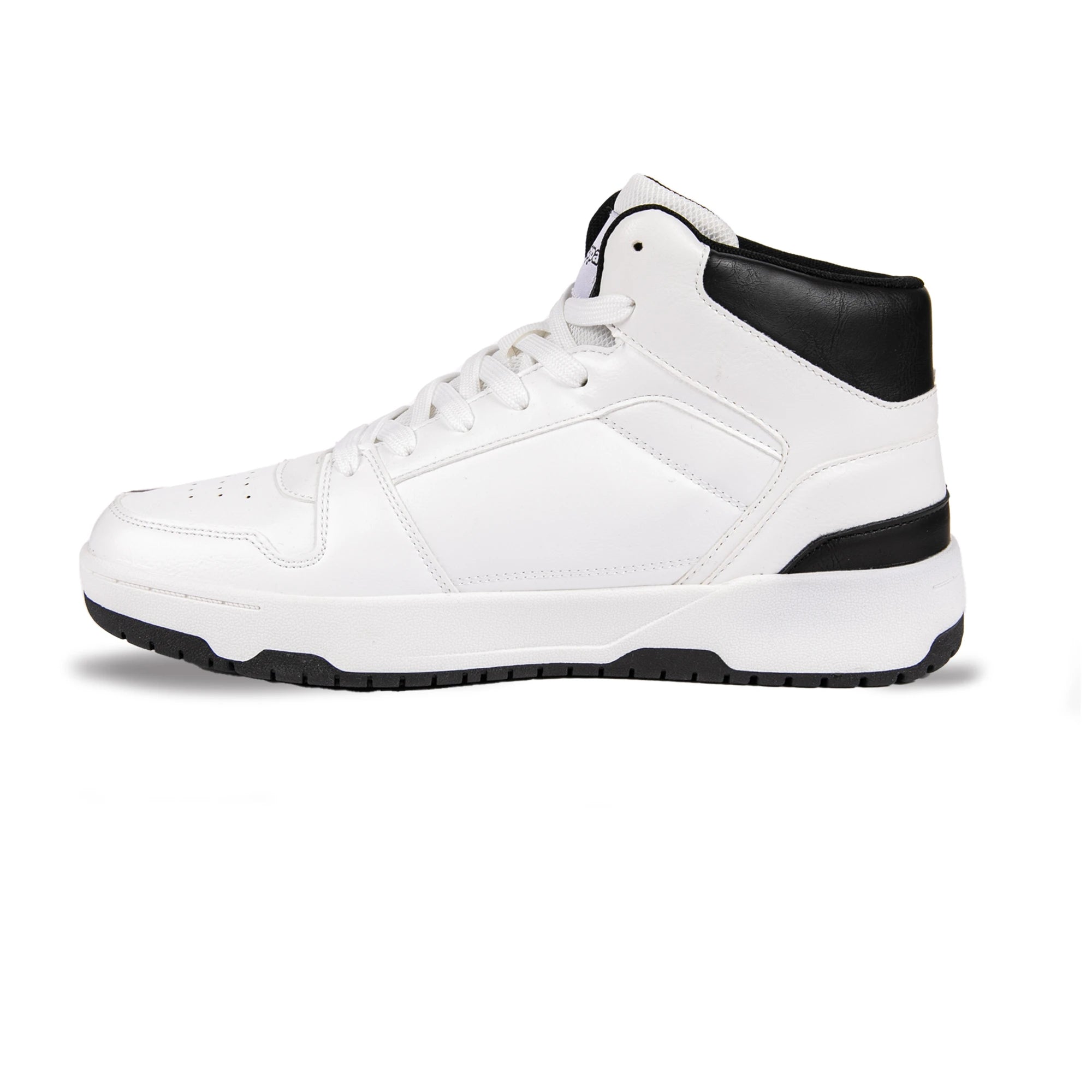 White high-top sneaker with black accents on a white background