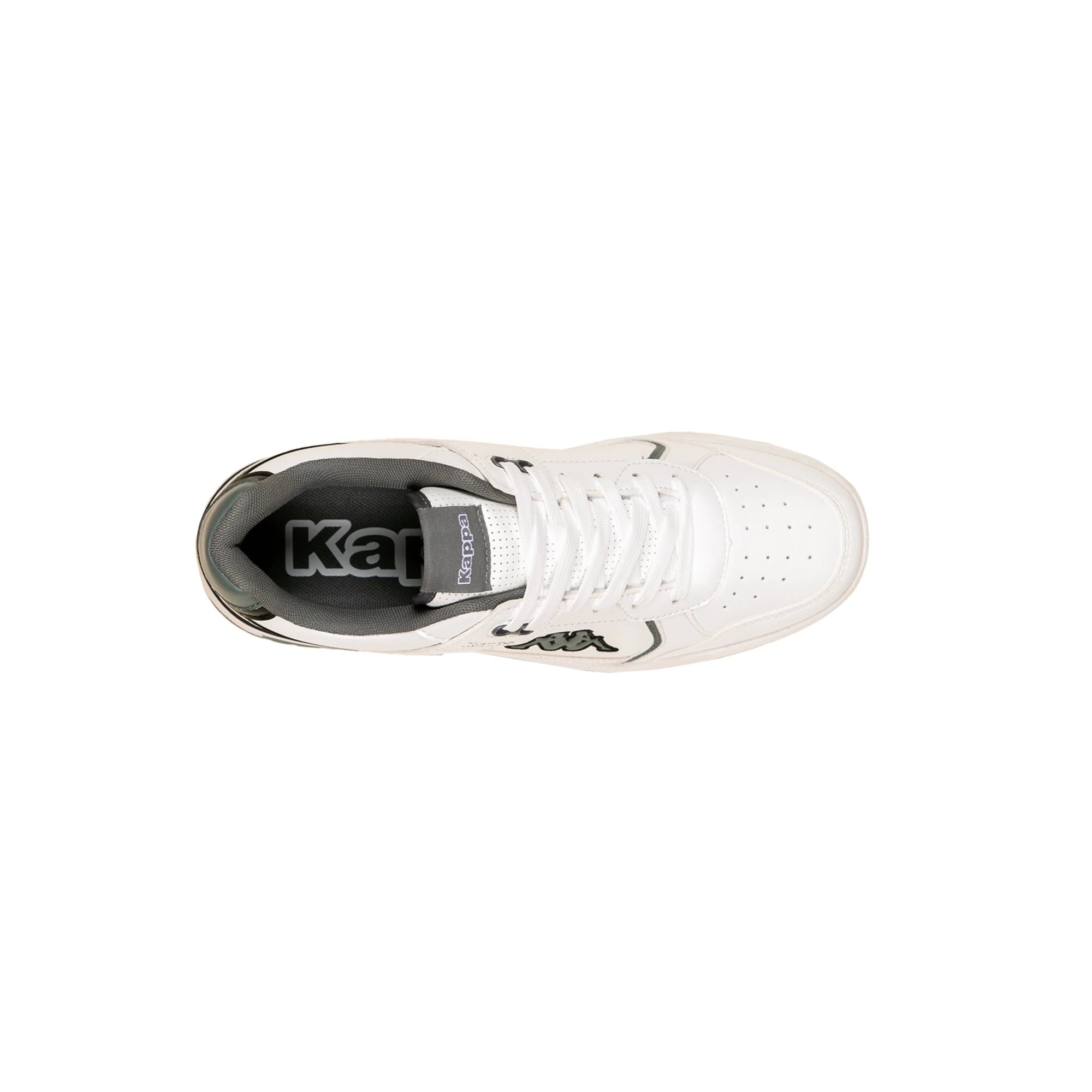 White sneaker with black sole on a white background