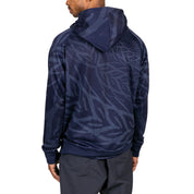 Male model wearing Ahop Modelo Hoodie in navy blue and gold. Back view.