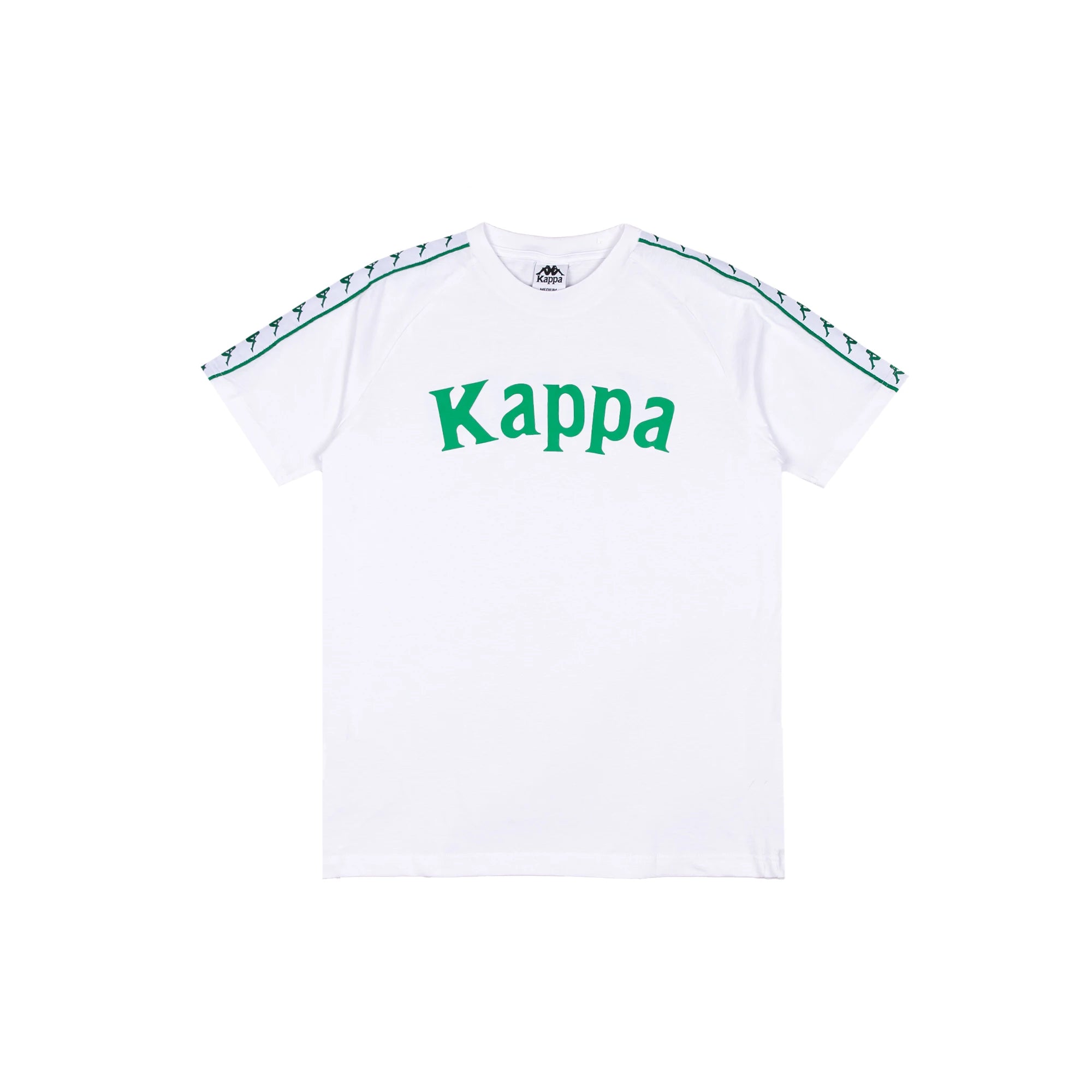 White T-Shirt with white and green Banda down the tops of each sleeve. Kappa lettering on the front in green.