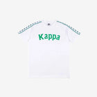 White T-Shirt with white and green Banda down the tops of each sleeve. Kappa lettering on the front in green.