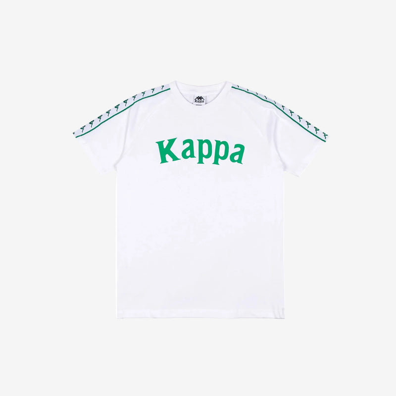 White T-Shirt with white and green Banda down the tops of each sleeve. Kappa lettering on the front in green.