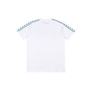 White T-Shirt with white and green Banda down the tops of each sleeve.