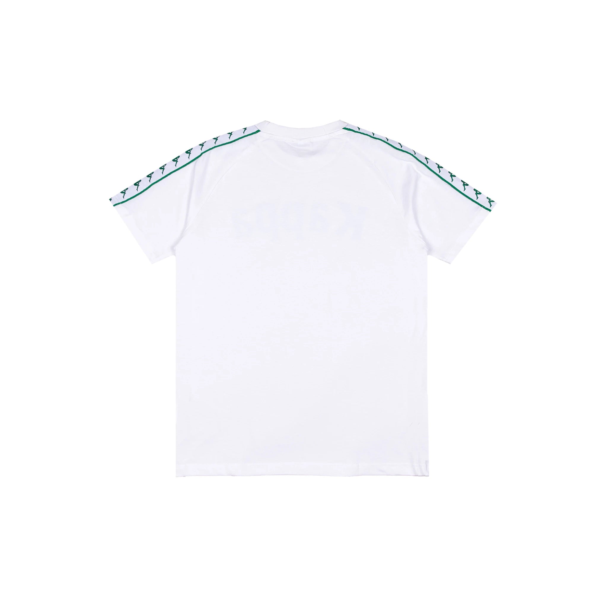 White T-Shirt with white and green Banda down the tops of each sleeve.