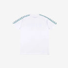 White T-Shirt with white and green Banda down the tops of each sleeve.