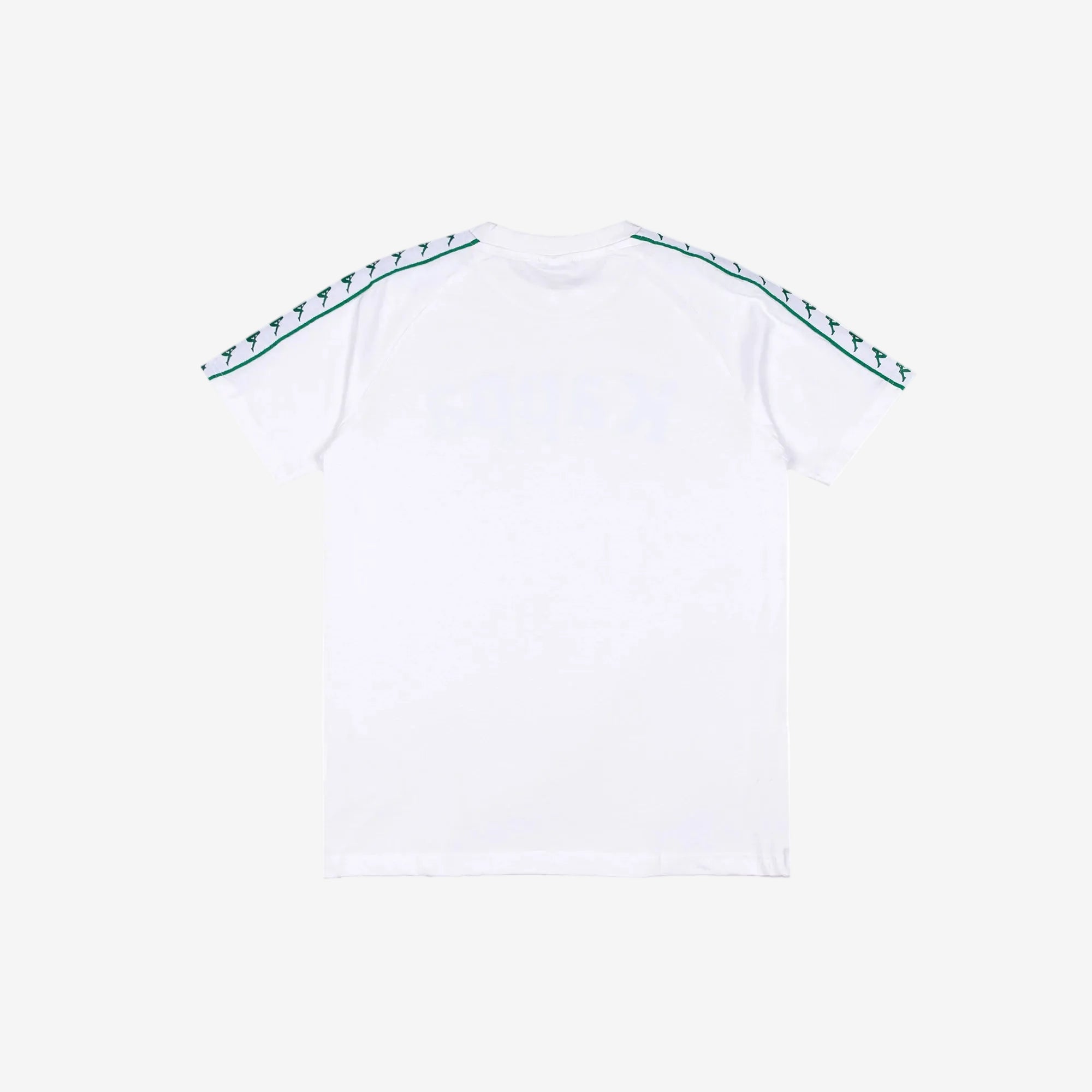 White T-Shirt with white and green Banda down the tops of each sleeve.