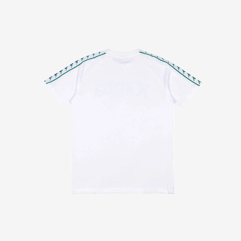 White T-Shirt with white and green Banda down the tops of each sleeve.
