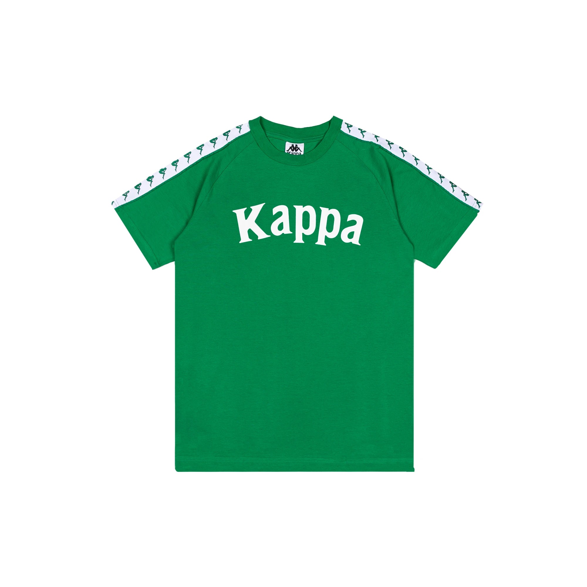 Green T-Shirt with White Banda down the tops of each sleeve. Kappa lettering on the front in white.