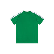 Green T-Shirt with White Banda down the tops of each sleeve.