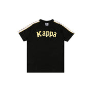 Black T-Shirt with White Banda down the tops of each sleeve. Kappa lettering on the front in golden yellow.