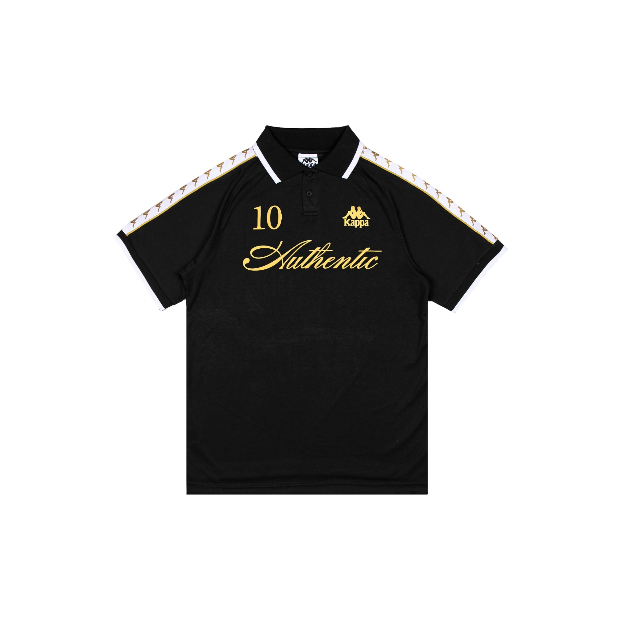 Black polo with white banda down the tops of each sleeve. Front reads Authentic, the number 10, and the Kappa logo in golden yellow.