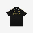 Black polo with white banda down the tops of each sleeve. Front reads Authentic, the number 10, and the Kappa logo in golden yellow.