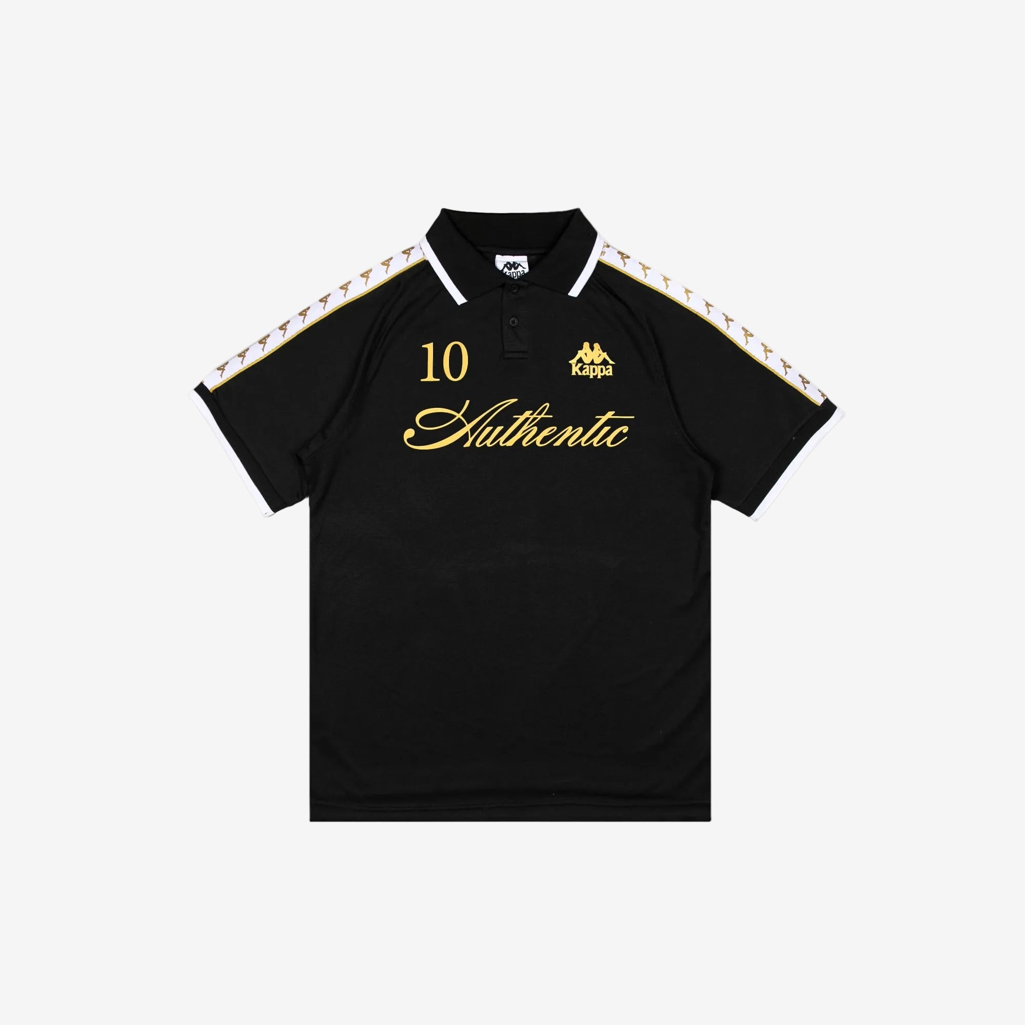 Black polo with white banda down the tops of each sleeve. Front reads Authentic, the number 10, and the Kappa logo in golden yellow.