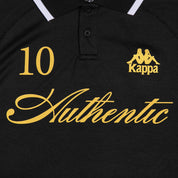 Detail view of the Kappa logo, Authentic, and number 10 in golden yellow lettering.