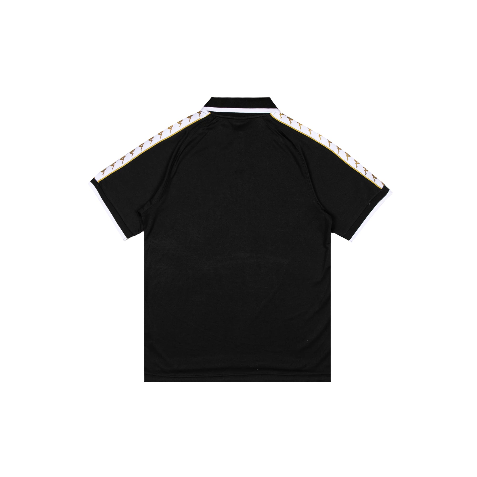 Black polo with white Banda down the tops of each sleeve.