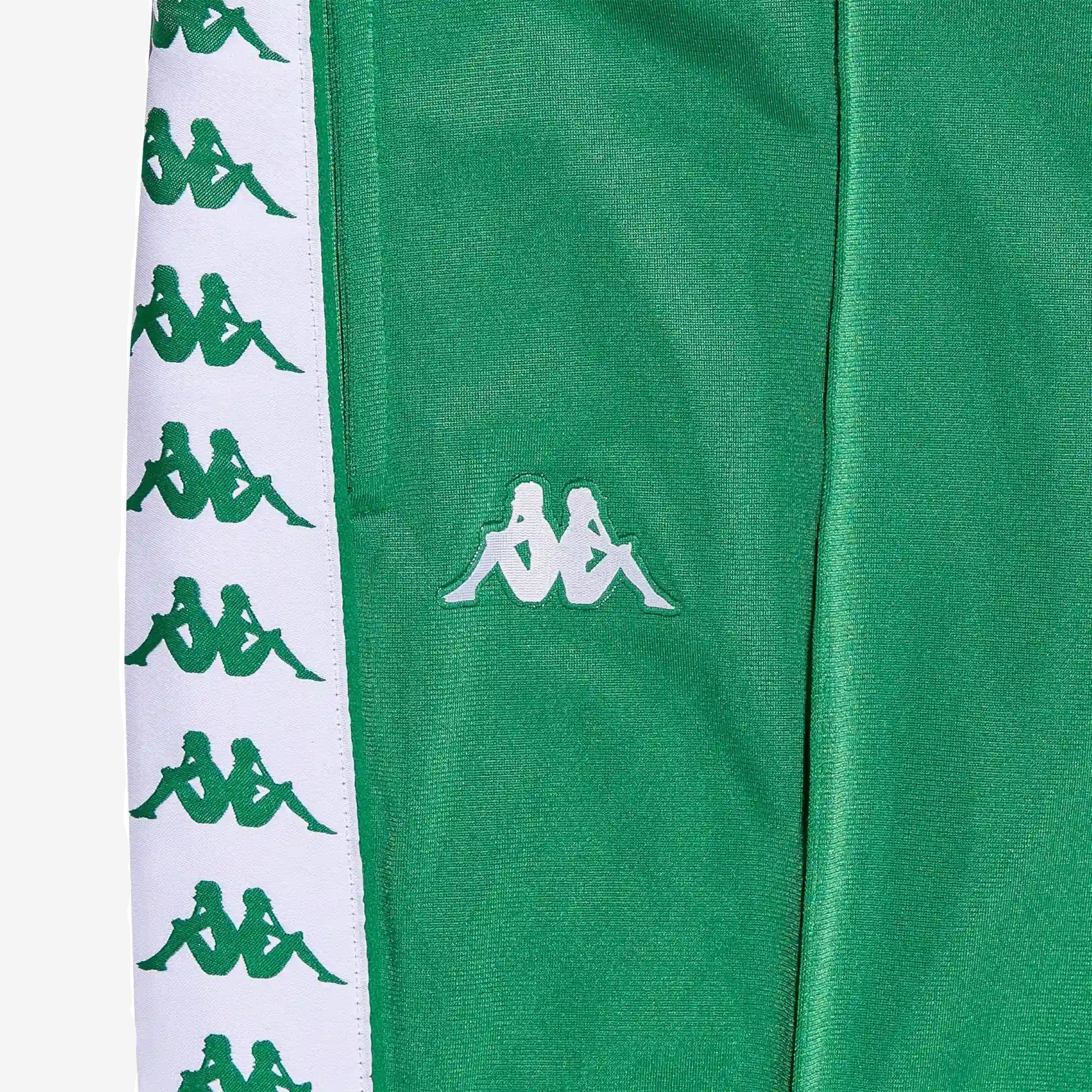 222 Banda Rastoria Slim Pants - Green Tee White. Detail view of Kappa Omini logo.