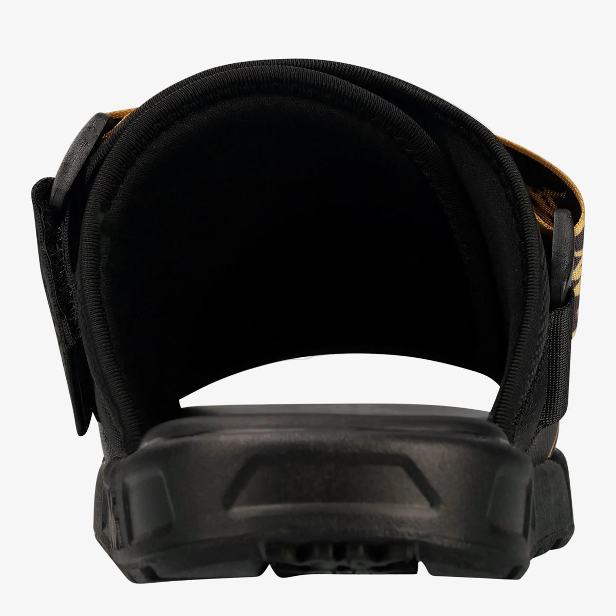 Close-up rear view of a black athletic sandal with a thick cushioned arch support and textured sole, shown on a white background.