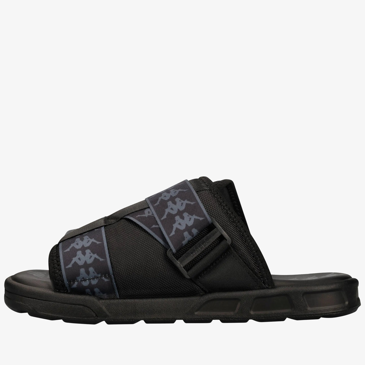 Black slide sandal with white logo on a white background
