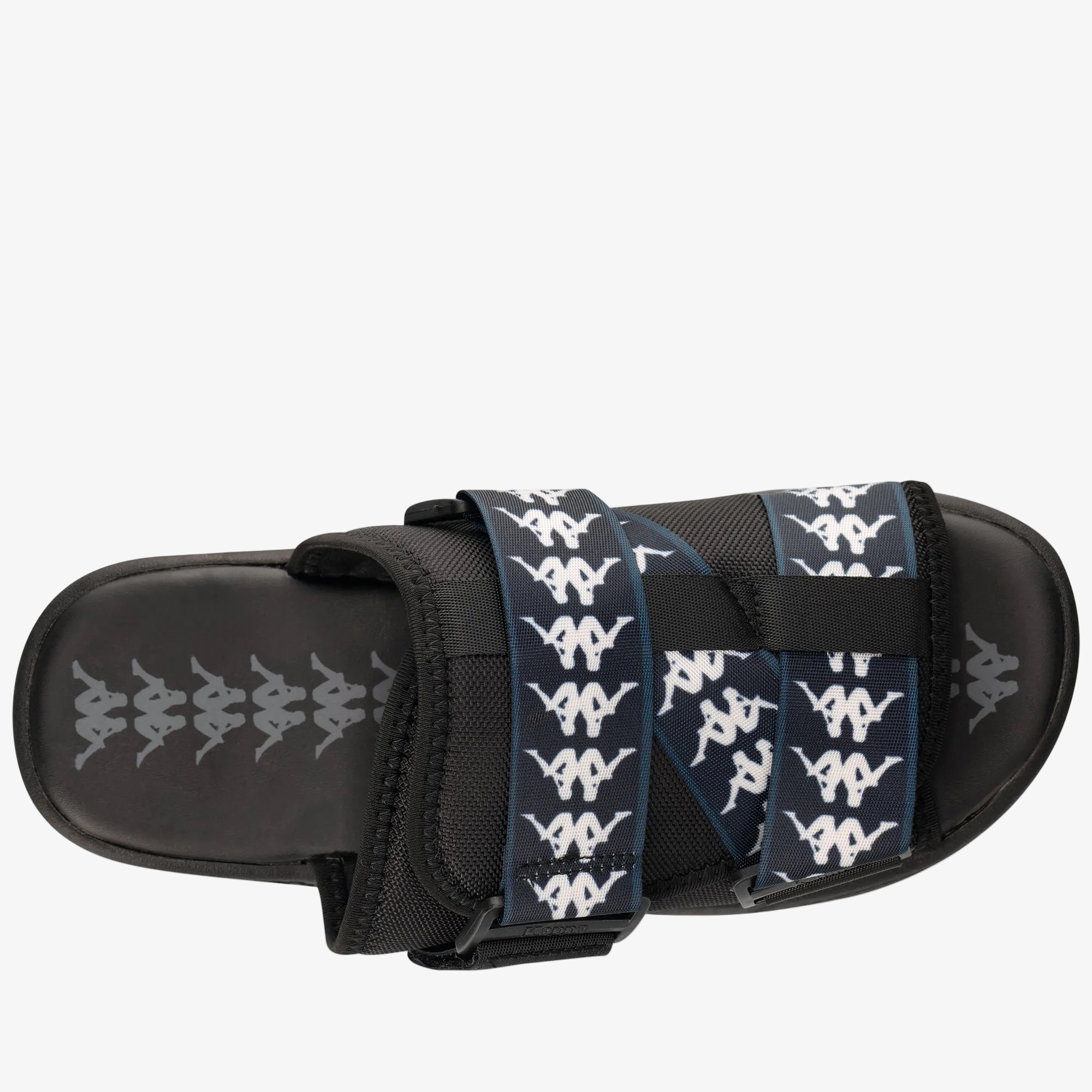 Black slide sandal with patterned straps on a white background