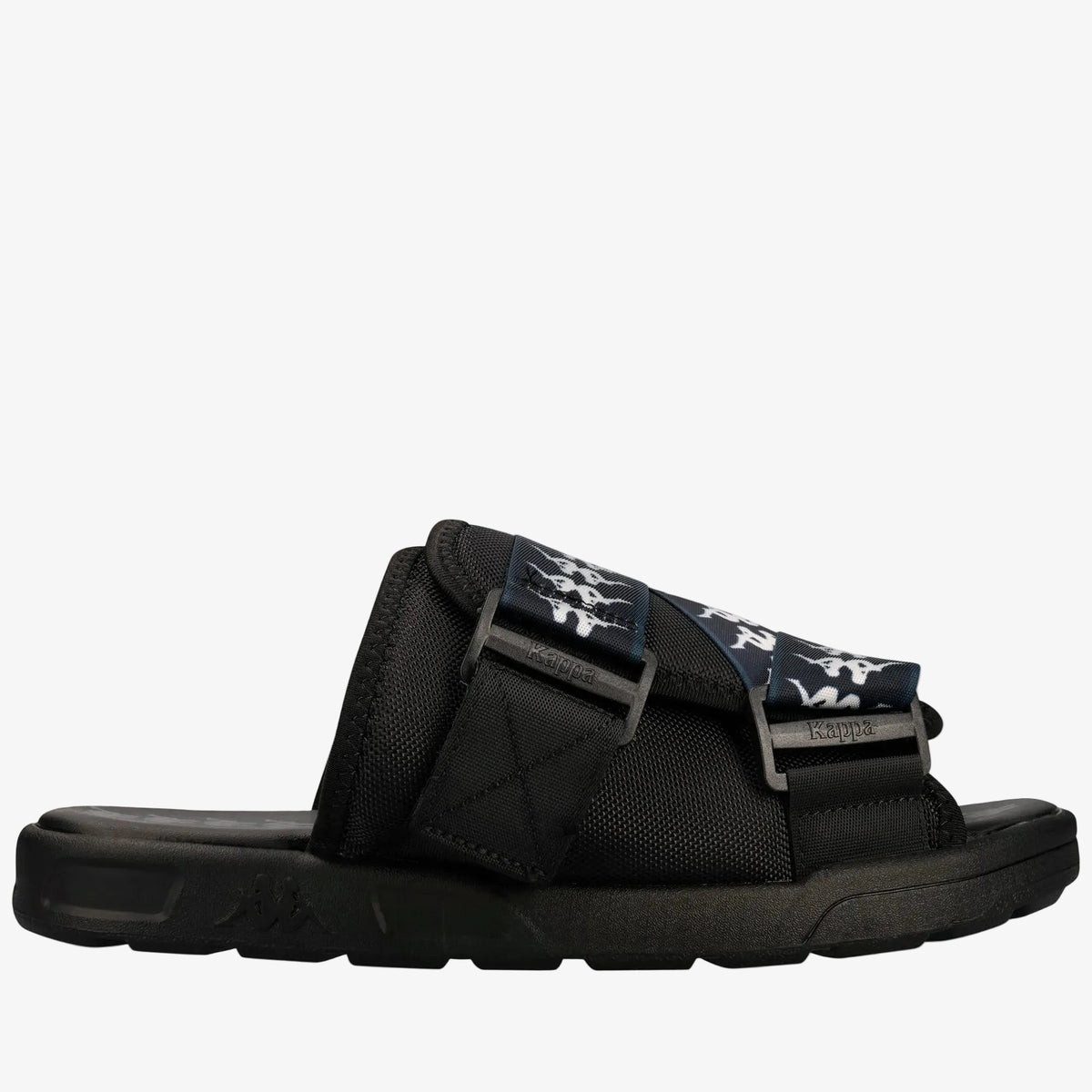 A black slide sandal with a wide strap featuring a navy blue and white graphic pattern, set against a plain white background.
