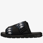Black slide sandal with white logo on a white background