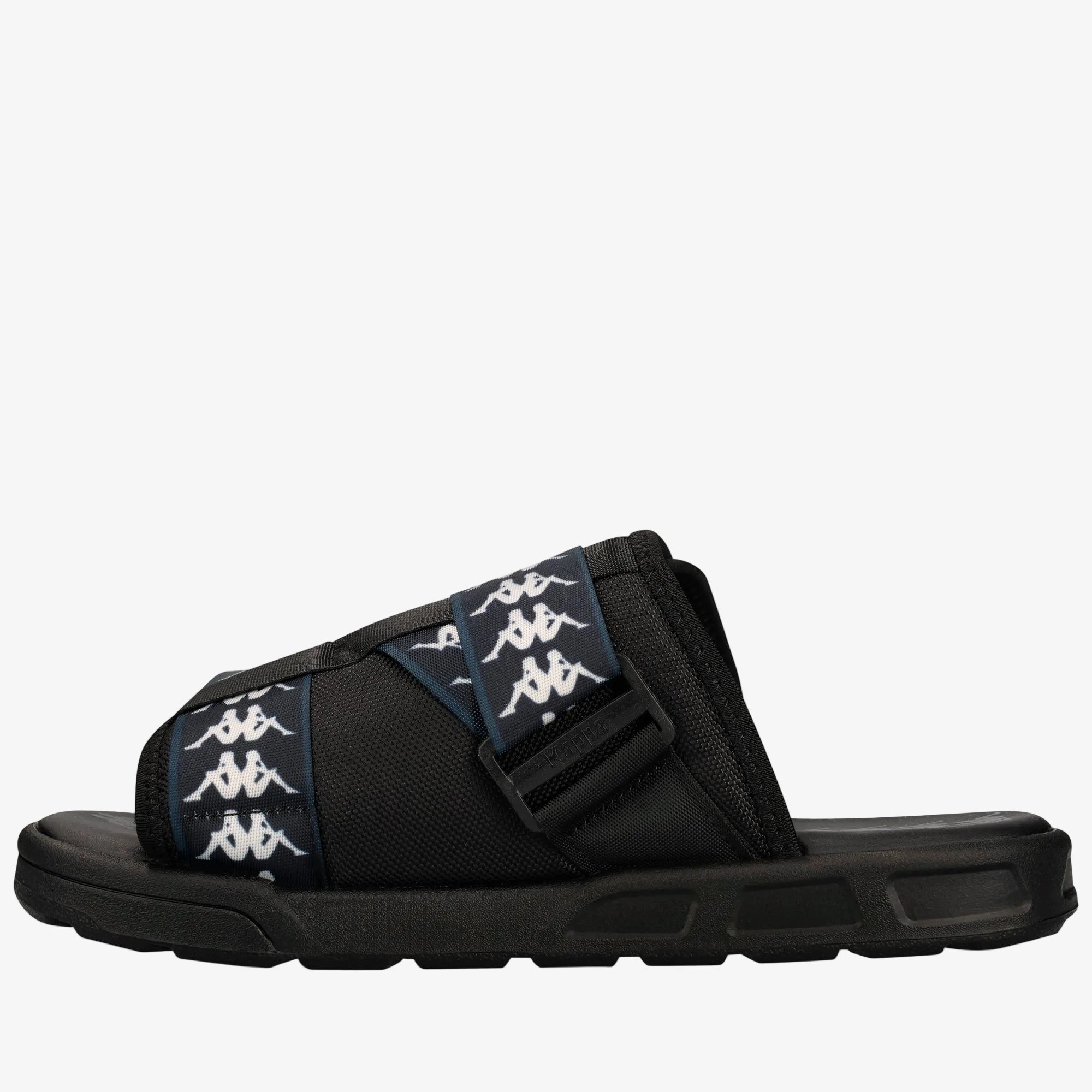 Black slide sandal with white logo on a white background