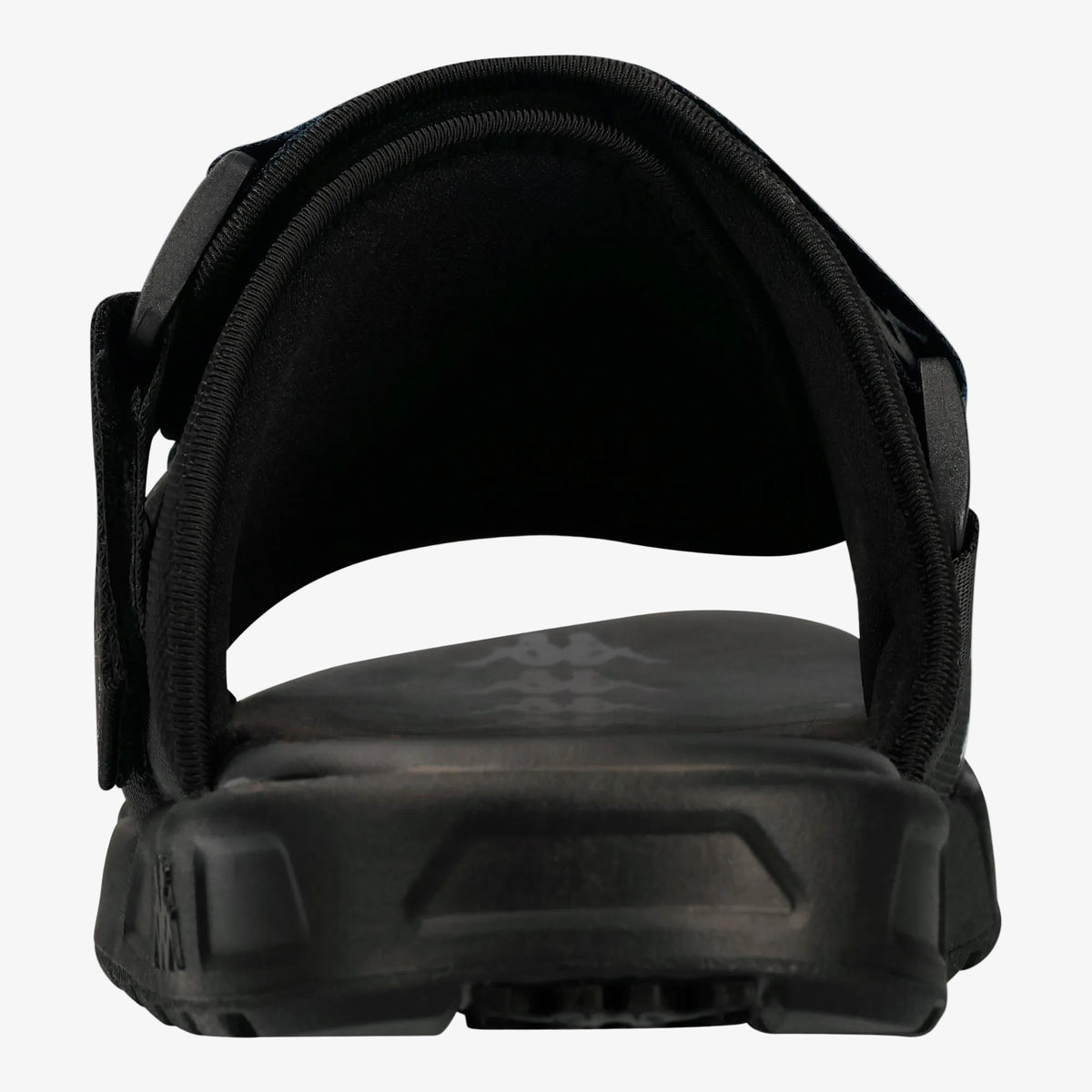 A black athletic sandal shown from a top-down view against a white background.