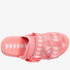 A coral pink slide sandal featuring a woven upper with white Kappa logos and gray piping, shown from a side profile on a white background.