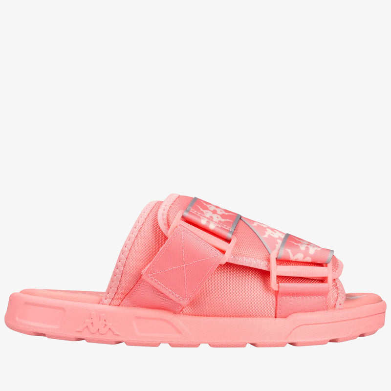 A coral pink slide sandal with textured mesh straps and reflective silver-gray star-patterned bands, shown in a side profile on a white background.
