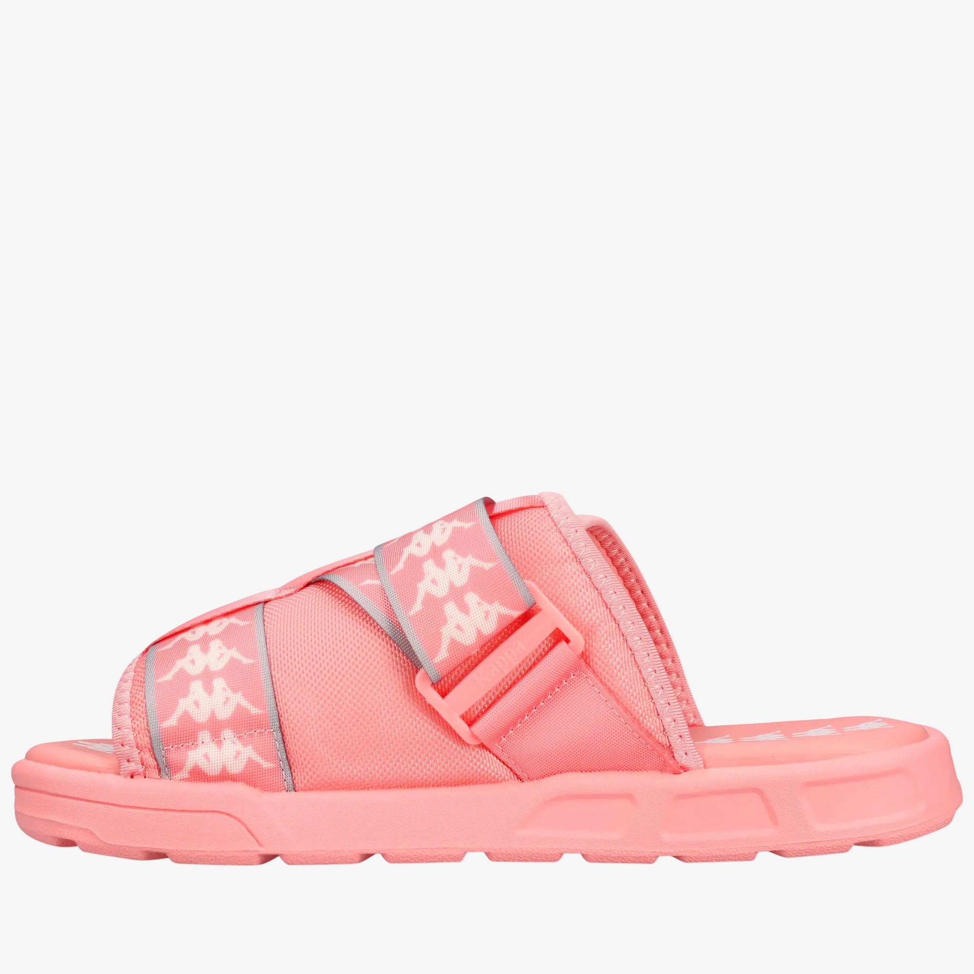 A coral pink Kappa slide sandal with two adjustable straps featuring the brand's double logo pattern, set against a plain white background.