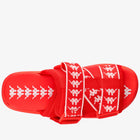 A red slide sandal with white Kappa logos printed across the straps and along the footbed, shown from a top-down view on a white background.
