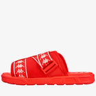 A red Kappa slide sandal with white brand logos printed on the straps, shown in a side profile view against a white background.