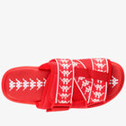 A red slide sandal featuring multiple wide straps with a repeating white Kappa logo pattern, set against a plain white background.