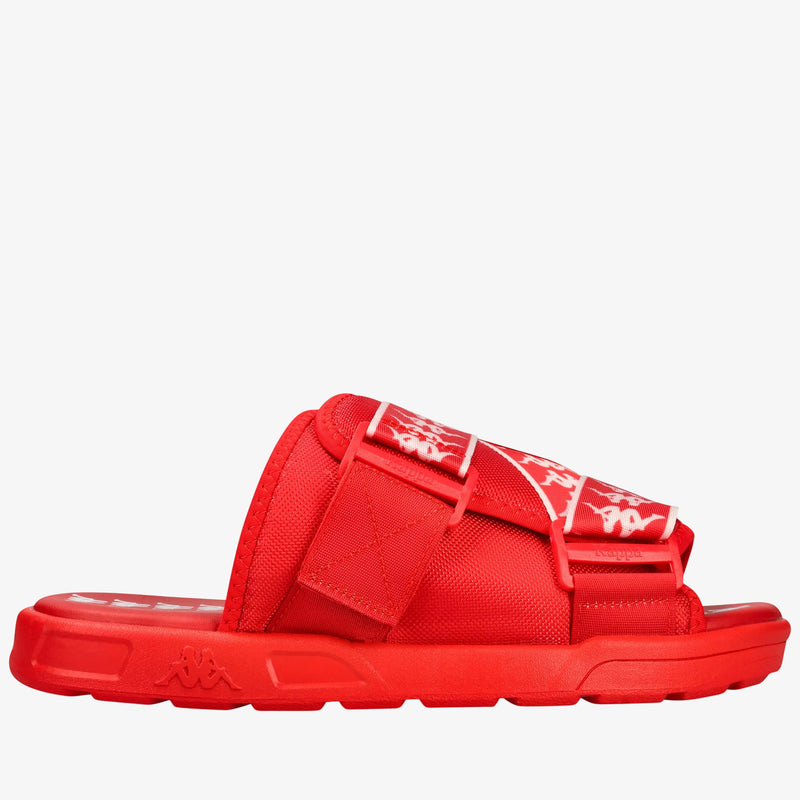 A red slide sandal with white graphic details and straps, shown from a side profile on a white background.